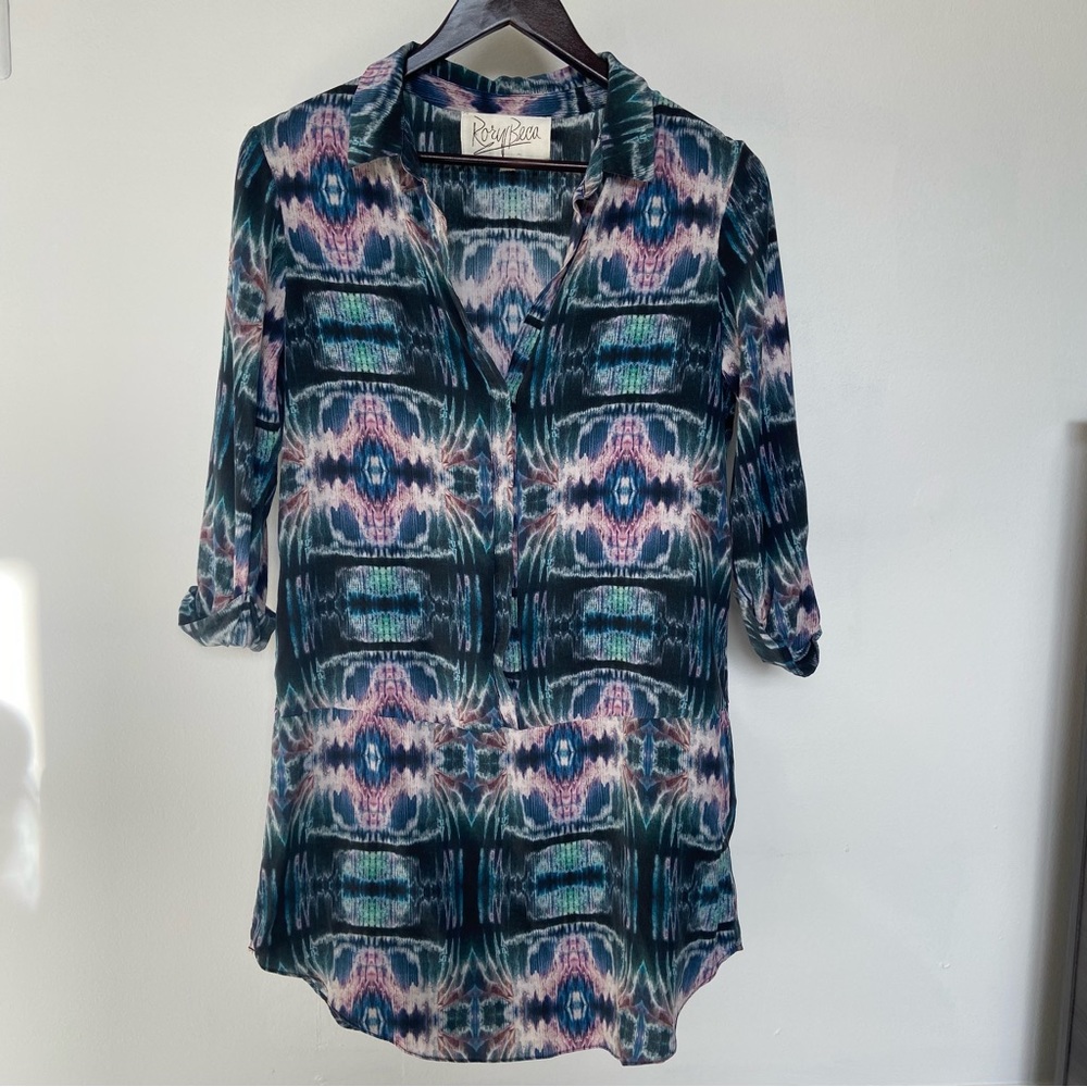 Rory Beca 100% Silk Tunic Top Teal Turquoise Purple Green Tie-Dye Marble Shirt